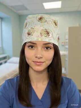 Cute Bunny Basket Surgical Scrub Cap in Light Cream